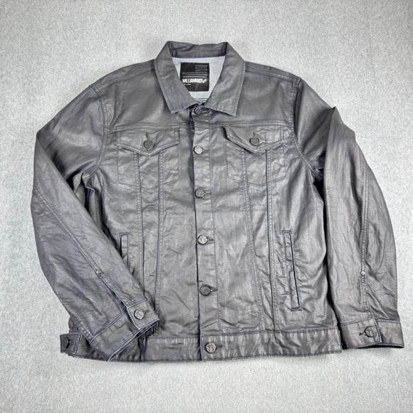 William Rast Denim Jacket Men's XL‎ Black Waxed Biker Jean Button Raw Trucker